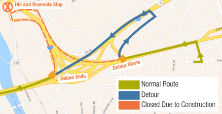 Map showing detour of Asheville Rides Transit (ART) bus routes WE1, WE2, and W5  turning right from Patton Avenue, taking Haywood Street to I-240 westbound, and rejoining the usual route at the junction of I-26 and I-240. 
