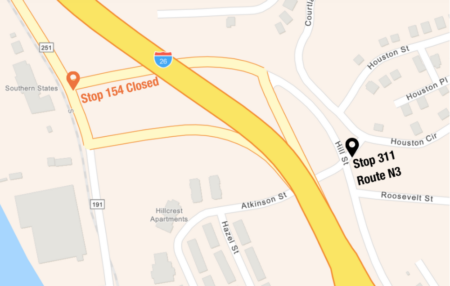 Map showing locations of closed stop 154 at Hill and Riverside and alternate stop 311 at Hill and Atkinson