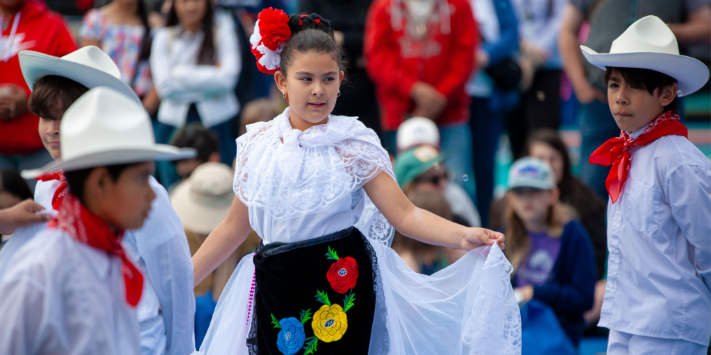 children performing a dance in traditional Mexican outfits