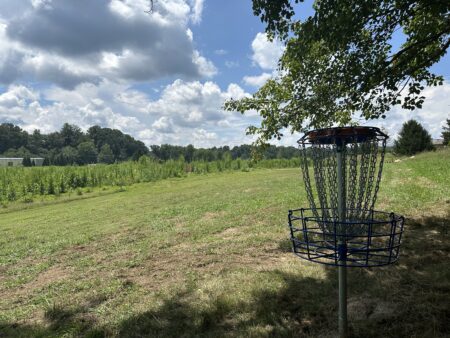 disc golf net in foreground with course in background