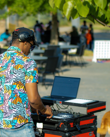 DJ and a turntable at a block party