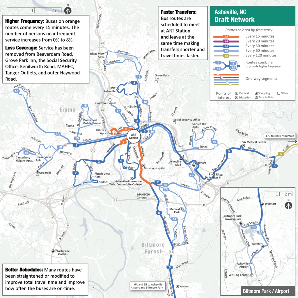 detailed map of the draft network for the Asheville Rides Transit (ART) bus system. 