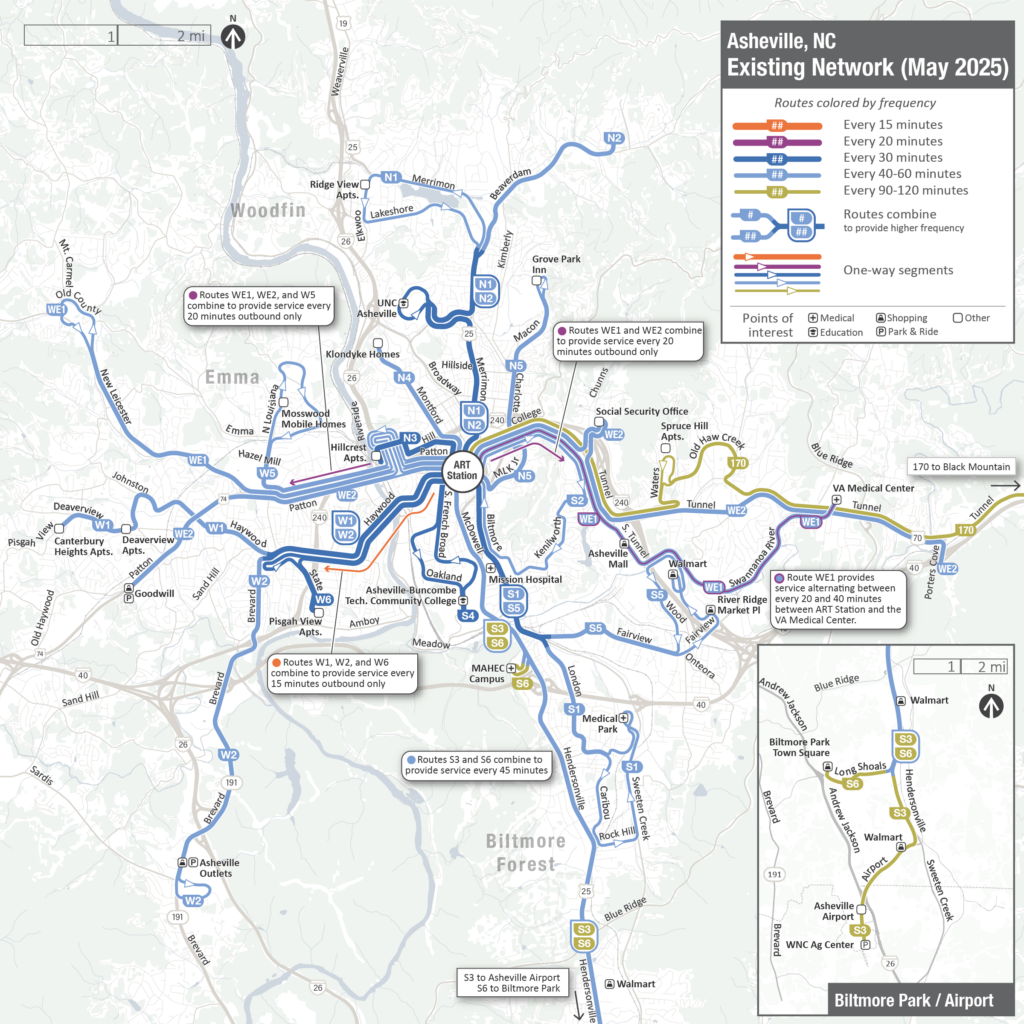 detailed map of the existing Asheville Rides Transit (ART) bus network 