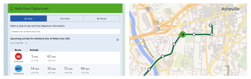 Screen shots from ridetheart.com show the real-time tools for departure times and bus tracking.