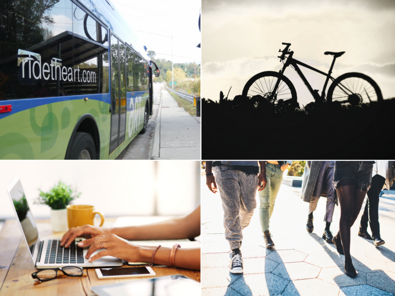 montage showing an ART bus, bicycle, teleworker at laptop, and people walking