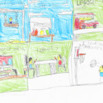 sketch with stick figures swinging, popsicles, legos, geometry dash, eating, and basketball