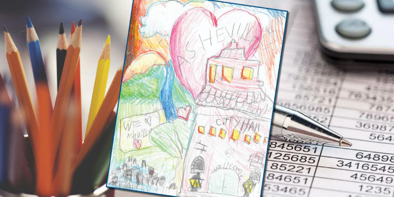 collage with colored pencils, drawing of asheville city hall and mountains, and pen and spreadsheet