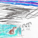 sketch of three stick figures and dog