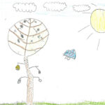 sketch with a tree, butterfly, and sun