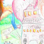 sketch of asheville city hall and mountains