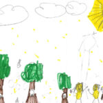 sketch with figures standing next to trees