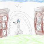 sketch of dog between builings