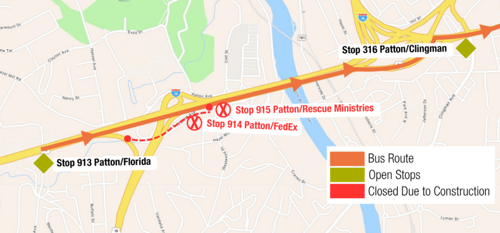 Map showing two stops along Patton Avenue – Stop 914 at Fed Ex and Stop 915 at Western Carolina Rescue Ministries – closing on June 22 due to impacts from NCDOT’s I-26 Connector project.