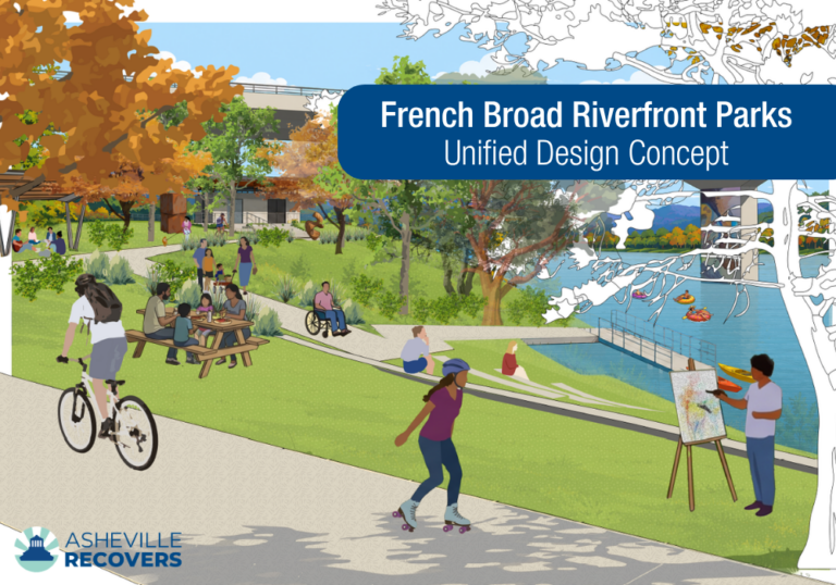 artist concept of park layout featuring rollerskaters and bikes on Greenway with fense and river in background