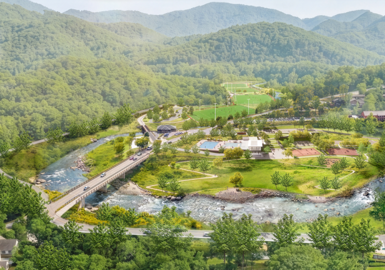 conceptual picture of proposed design showing soccer frield , bridge, river, nature center