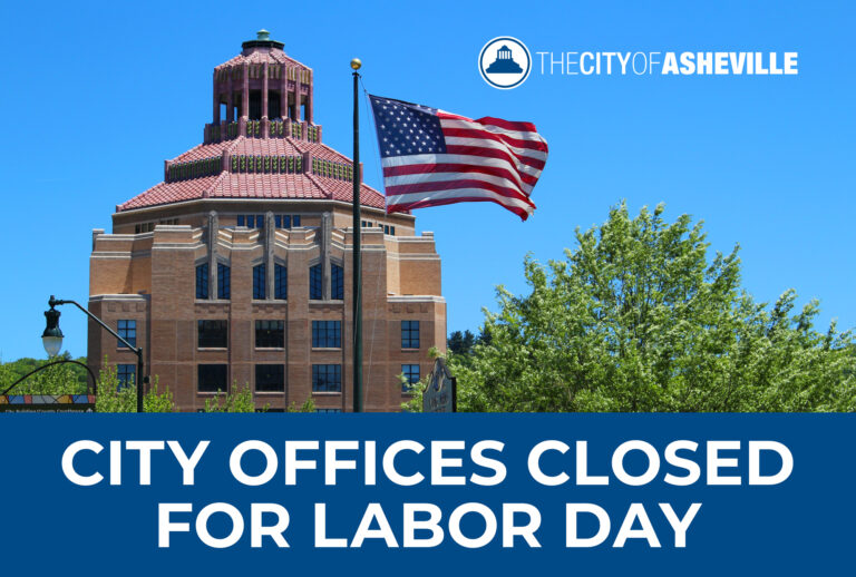 City hall dome on a cler day with trees and flag in foreground. Banner reading: City offices closed of labor day