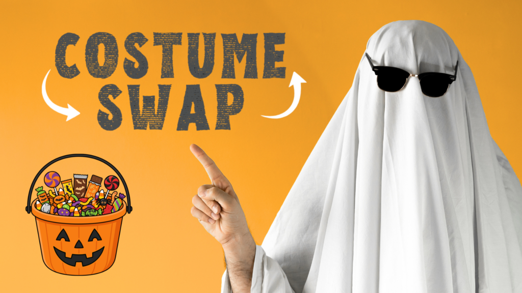 Person in a ghost costume pointing to words Costume Swap